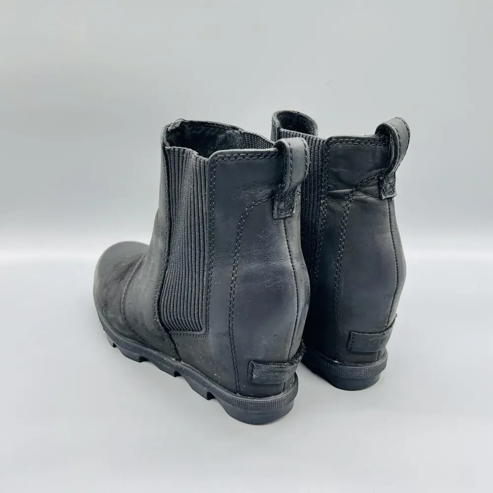Sorel Boots Womens 8 Black Leather Joan of Arctic Wedge II Chelsea Ankle Shoes